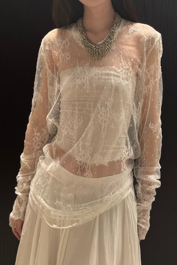 Marc Le Bihan Asymmetric Lace T-Shirt 28505 France MLB-28505-BAI White